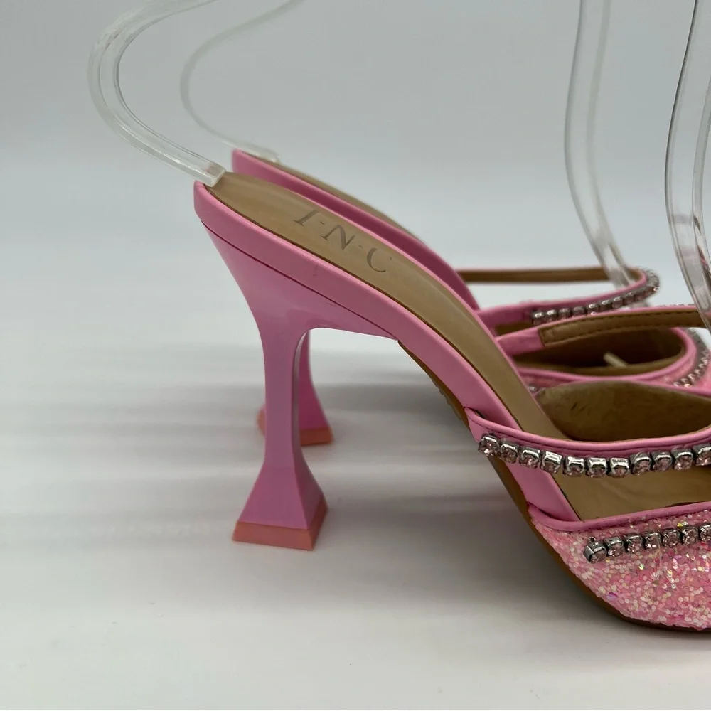 INC International Concepts Gylana Pink Glitter Mule Heels/Rhinestone Straps - Picture 7 of 15